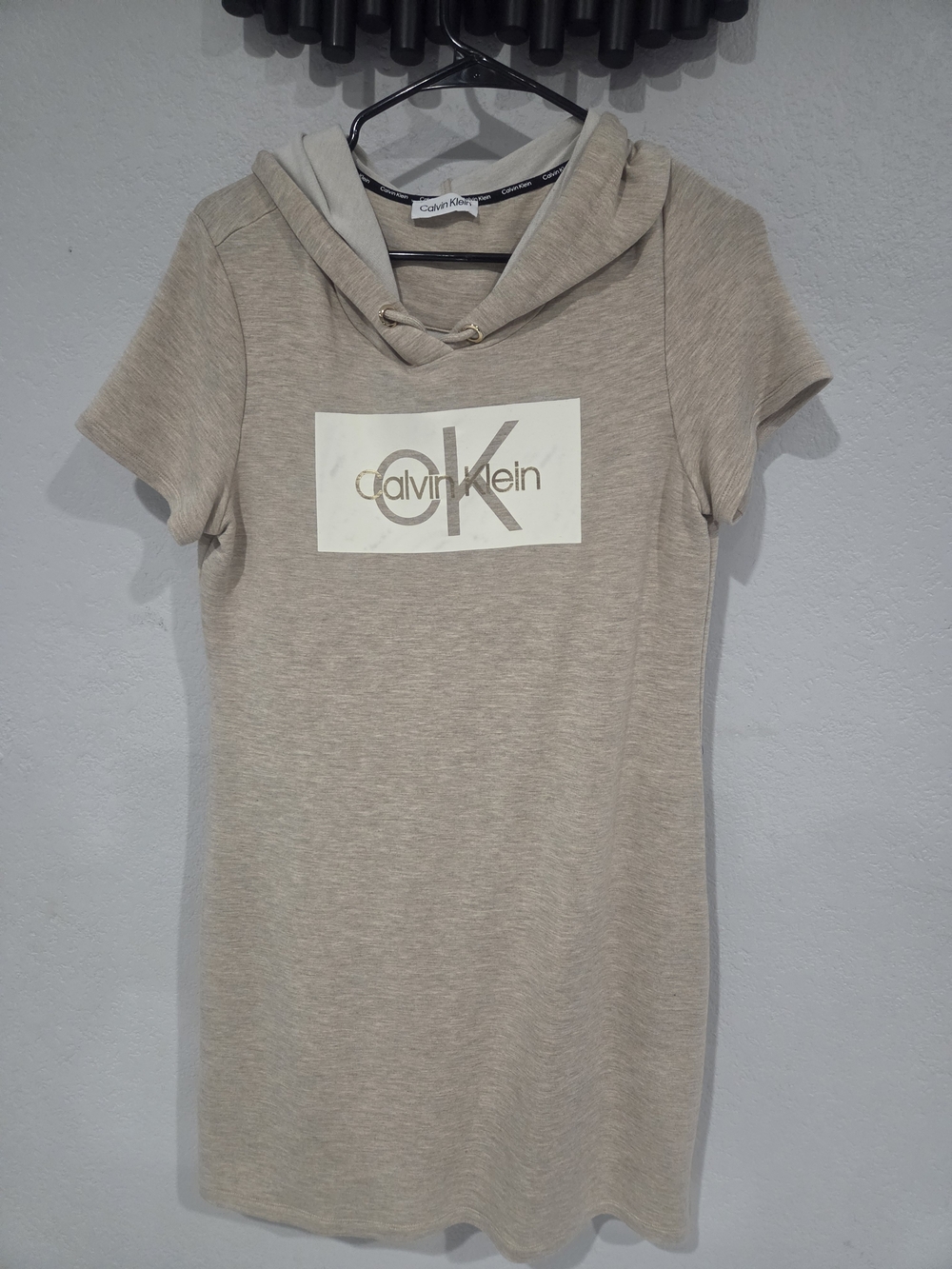 Calvin Klein Beige Short Sleeve Hooded Tee Dress with Logo